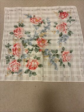Elégance Paris Vintage Rose Floral Gingham Cotton Handkerchief Pocket Scarf👝
